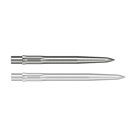 Auf dem Bild sind zwei silberne, glatte Stahlspitzen für Darts zu sehen. Sie sind länglich geformt und haben eine spitze Vorderseite.