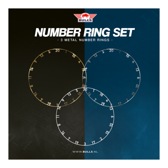 Das Bild zeigt das Produkt "Bulls NL Steeldartboard Zahlenring 3-er Set" in den Farben Gold, Silber und Weiß. Es sind drei Metall-Zahlenringe für eine Dartscheibe abgebildet.