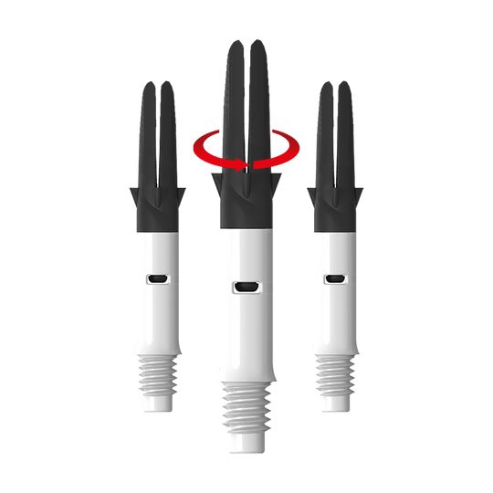 L-L-Style-Shaft Carbon Silent Straight - Bílá Das Bild zeigt drei weiße und schwarze Dartshafts nebeneinander. Über dem mittleren Shaft ist ein roter Pfeil, der eine Drehbewegung anzeigt.