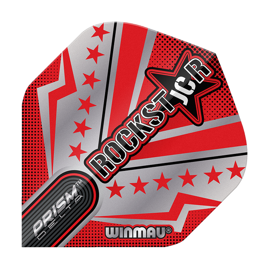Das Bild zeigt ein Dartflight mit auffälligem roten und silbernen Design und mehreren Sternen. In der Mitte steht groß das Wort „ROCKSTAR“ neben einem Stern, darunter befinden sich die Markenaufschriften „PRISM DELTA“ und „WINMAU“.