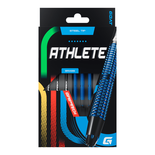 Steeldarts GOAT Athlete modré mosazné - 12g Die Abbildung zeigt die Verpackung der GOAT Athlete Blue Brass Steeldarts mit einem Gewicht von 12g. Auf der Verpackung sind blaue, strukturierte Darts sowie die Aufschrift "ATHLETE" und "GRIPTECH" zu sehen.