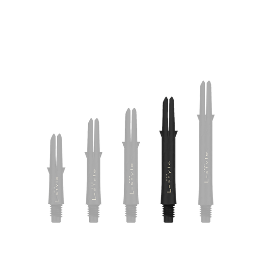 Karbonové hřídele ve stylu L Auf dem Bild sind fünf schwarze Dartschäfte in unterschiedlicher Länge zu sehen. Sie sind senkrecht nebeneinander angeordnet und tragen die Aufschrift "L-style".