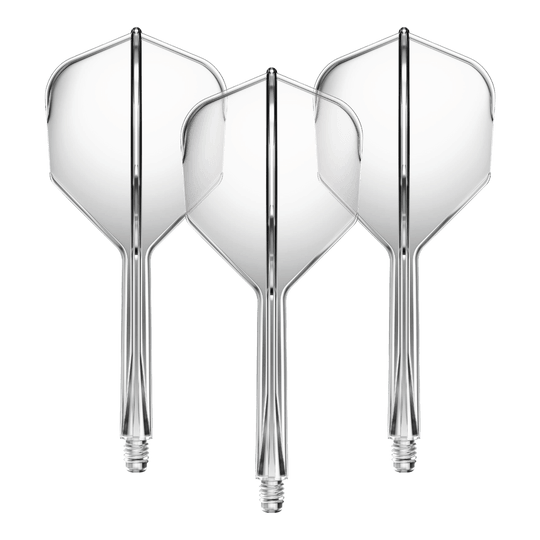 Systém letmých hřídelí GOAT A1R No6 - Čirý Auf dem Bild sind drei transparente Dartflights mit integriertem Schaft zu sehen. Sie sind nebeneinander angeordnet und haben eine klare, mittelgroße Form.