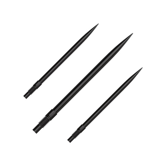Špičky šipek Harrows Quick Point - černé Ein Set aus schwarzen QuickPoint Dartspitzen mit 40 mm Länge. Die Dartspitzen liegen auf einer neutralen Oberfläche.