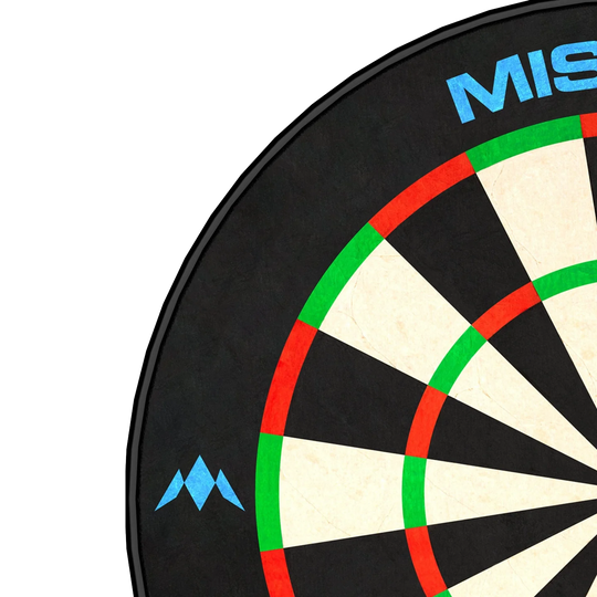 Das Bild zeigt einen Ausschnitt eines Dartboards mit schwarzen, weißen, roten und grünen Feldern. Oben ist ein Teil des Schriftzugs "MISSION" zu sehen.