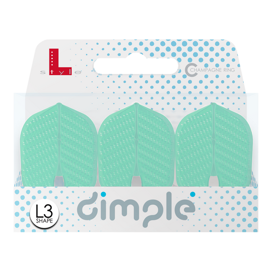 Auf dem Bild ist eine Verpackung mit drei mintgrünen Darts-Flights der Marke "L-Style" zu sehen. Das Modell heißt "Dimple Champagne L3PRO Shape" und ist vorne mit blauen Punkten verziert.