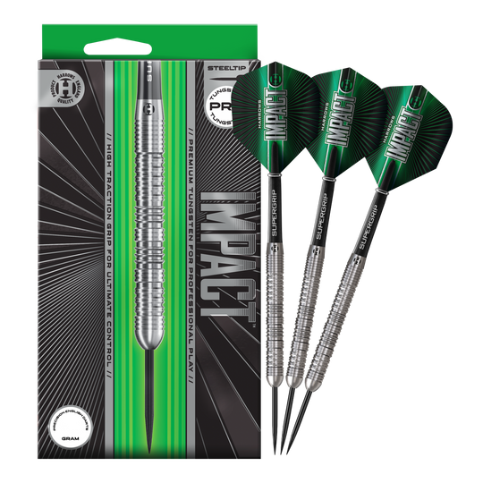 Ocelové šipky Harrows Impact Das Foto zeigt die vollständigen Harrows Impact Steeldarts. Die Darts sind fertig zusammengestellt für den Gebrauch.