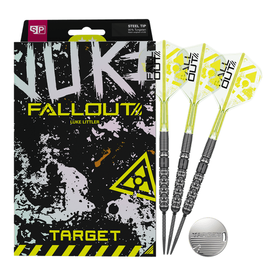 Target Luke Littler Nuke Fallout Swiss Points Steeldarts Auf dem Bild sind die Target Luke Littler Nuke Fallout Swiss Points Steeldarts dargestellt. Die Darts bieten eine spezielle Griffstruktur für besseren Halt.