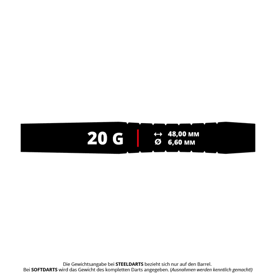 Šipky Mission Lava Softdarts - 20g Das Bild zeigt die Produktinformationen der Mission Lava Softdarts mit einem Gewicht von 20 Gramm. Die Darts sind 48,00 mm lang und haben einen Durchmesser von 6,60 mm.
