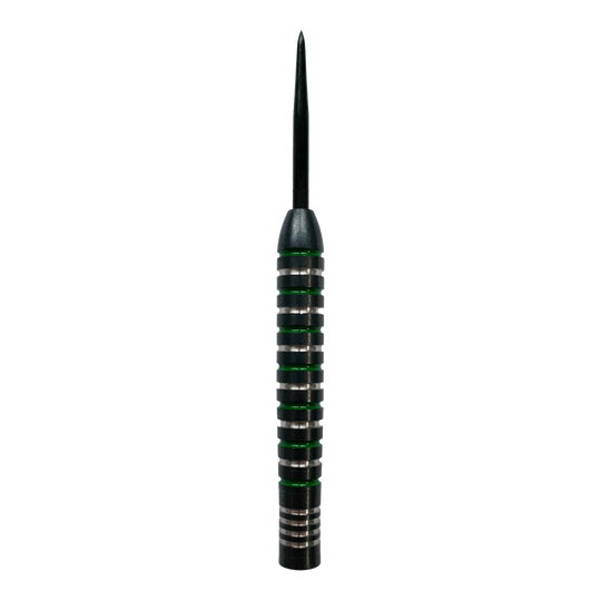 McDart stříbrnozelené ocelové sudy Das Bild zeigt ein McDart Silver Green Steeldart Barrel. Der Dartpfeil hat silberne Ringe mit grünen Akzenten entlang des Griffbereichs.