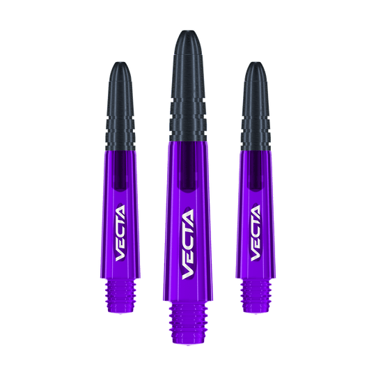 Auf dem Bild sind drei lilafarbene und schwarze Dartschäfte der Marke Vecta zu sehen. Die Schäfte sind 34 mm lang und werden als Set geliefert.