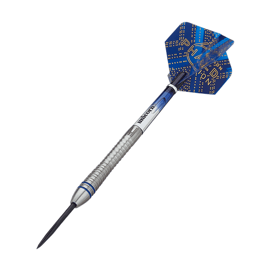 29030_Unicorn_World_Champion_Gary_Anderson_Phase_6_Steeldarts_4 Das Bild zeigt einen Unicorn Phase 6 World Champion Gary Anderson Steeldart. Der Dart hat eine silberne, gerillte Spitze und blaue Flights mit goldenen Akzenten.