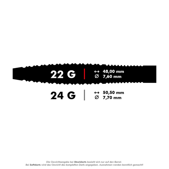 Das Bild zeigt die technischen Daten von zwei Steeldarts mit den Gewichten 22 g und 24 g. Die Maße für den 22 g Dart sind 48,00 mm Länge und 7,60 mm Durchmesser, während der 24 g Dart 50,50 mm lang und 7,70 mm dick ist.