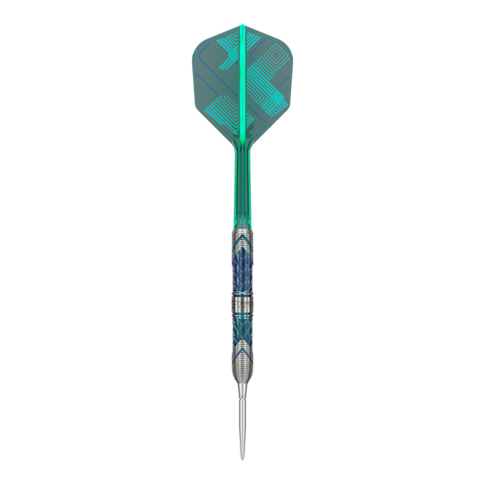 Dies ist ein Steeldart aus der Target Japan Kaze Series, Modell Ceros 03 mit 24g Gewicht. Der Dart hat ein auffälliges Design mit grünen und blauen Akzenten.