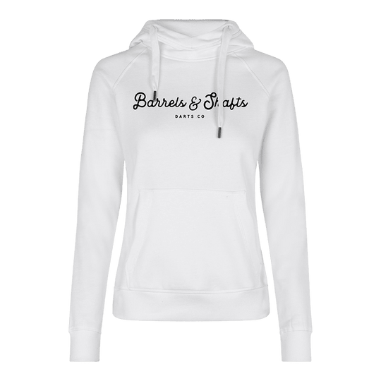Dámská mikina s kapucí Barrels and Shafts – bílá Dies ist ein weißer Damen-Hoodie mit Kapuze und Kängurutasche. Auf der Vorderseite steht der Text "Barrels & Shafts Darts Co".