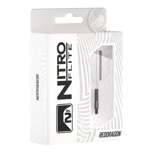 Die Abbildung zeigt die Verpackung des Produkts „Red Dragon Nitroflite - Black Shaft Clear No2 Flights“. Die Verpackung ist überwiegend weiß mit schwarzen Aufdrucken und einer Sichtöffnung, durch die das Produkt zu sehen ist.