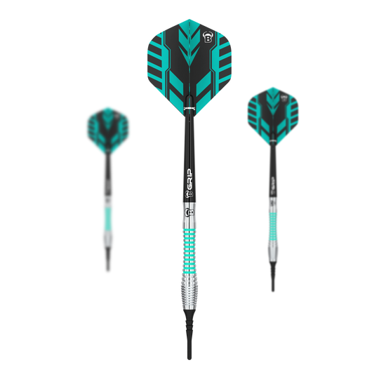 Die Abbildung zeigt drei Bulls Veco V2 Softdarts mit schwarzen und türkisen Designs. Die Darts haben strukturierte Griffe und auffällige Flights.