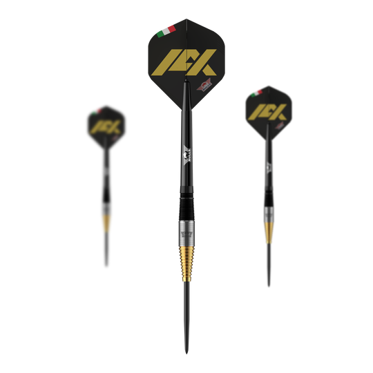 Das Bild zeigt drei Steeldarts des Modells "Bulls NL Massimo Dalla Rosa" mit einem Gewicht von 20g. Die Darts haben schwarze Flights mit goldener Aufschrift und einer kleinen italienischen Flagge.