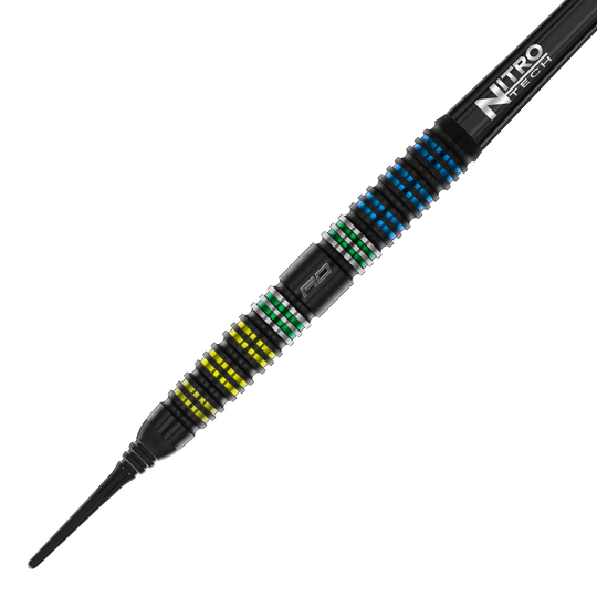 Dies ist ein Red Dragon Dragonfly 95 Black Tapered Softdart mit einem Gewicht von 18g. Der Dartpfeil hat ein schwarzes Design mit farbigen Ringen in Gelb, Grün und Blau.