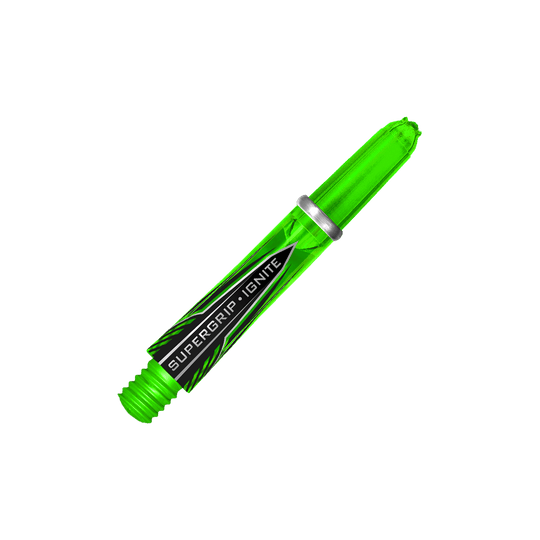 HR389_Harrows_Supergrip_Ignite_Shafts_Gr-n_33mm_2 Das Bild zeigt Harrows Supergrip Ignite Shafts in einer leuchtenden Farbe. Die Dartschäfte sind nebeneinander angeordnet.