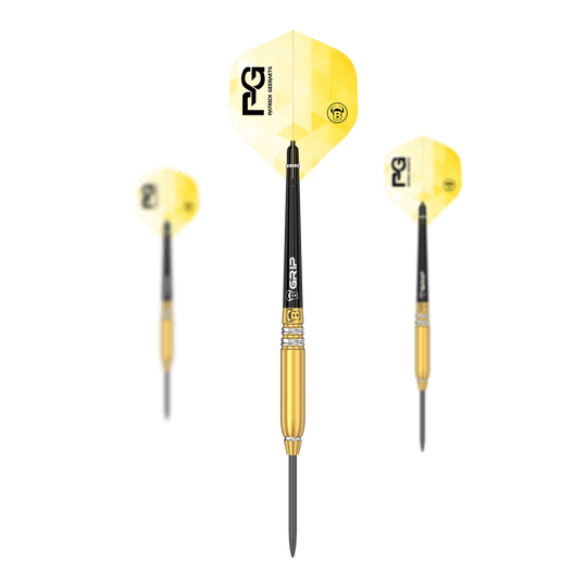 Býci Patrick Geeraets Steeldarts - 23g Das Bild zeigt drei Steeldarts des Modells "Bulls Patrick Geeraets" mit einem Gewicht von 23 Gramm. Die Darts haben gelbe Flights und einen goldfarbenen Barrel.
