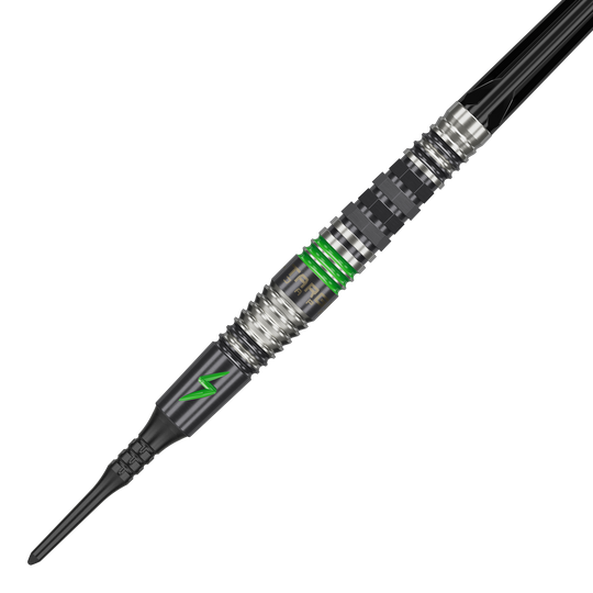 Das Bild zeigt einen Softdart namens "Target Japan Black Marque Lightning 3" mit einem Gewicht von 19g. Der Dart ist schwarz-silber mit grünen Akzenten und einem Blitzsymbol verziert.