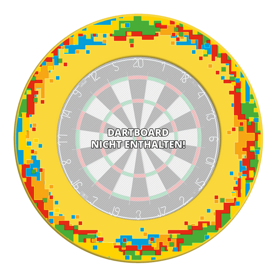 Das Bild zeigt ein gelb-schwarzes Dartboard-Surround mit Pixel-Muster. Es handelt sich um das Produkt 'MSF-H6_McDart_Pixel_Dartboard_Surround_Gelb_3'.