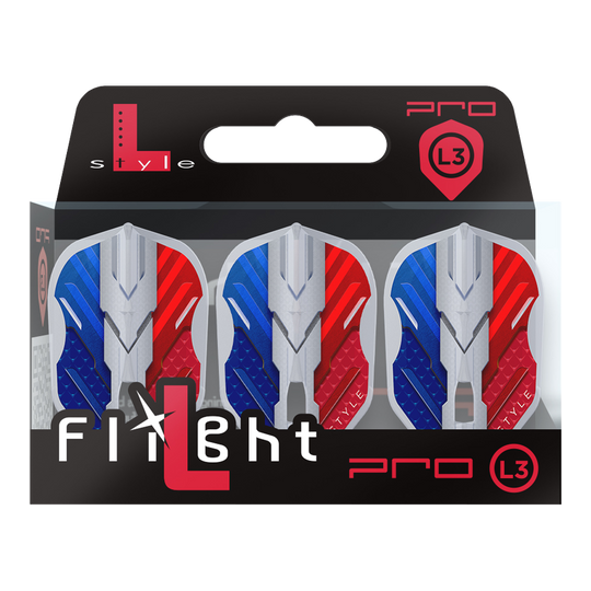 Letky L-Style V Series V1 Type B France Clear White L3PRO Das Bild zeigt eine Verpackung mit drei Dartflights der Marke L-Style in den Farben Blau, Weiß und Rot. Auf der Verpackung steht "Flight L Pro L3", und die Flights haben ein modernes, kantiges Design.