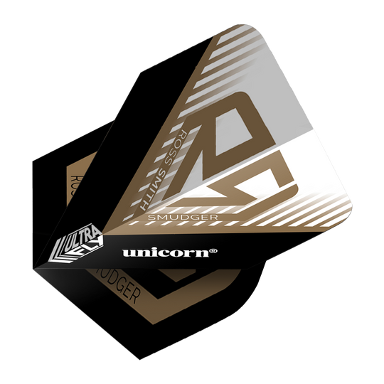 Letky Unicorn Ultrafly 100 Ross Smith Plus Das Bild zeigt die Unicorn Ultrafly 100 Ross Smith Plus Flights mit einem modernen Design in Schwarz, Gold und Weiß. Auf der Flight-Oberfläche sind die Wörter "Ross Smith", "Unicorn" und "Smudger" zu sehen.