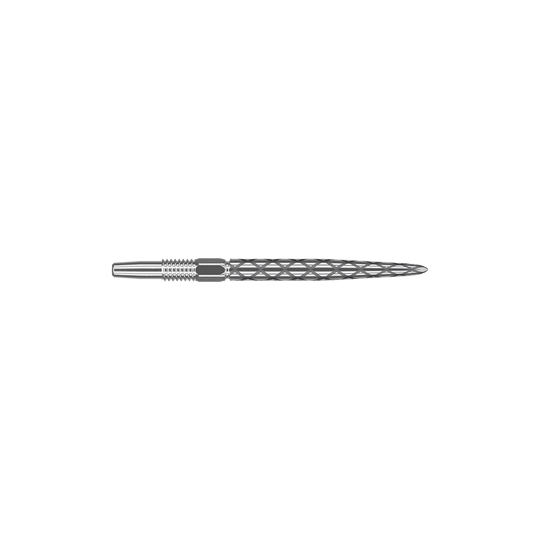 Zaměřte hroty šipek Swiss Diamond Pro Silver Points Das Bild zeigt eine silberne Dartspitze mit einem rautenförmigen Muster. Sie ist lang und schmal gestaltet und eignet sich für Präzisionswürfe beim Dartspiel.