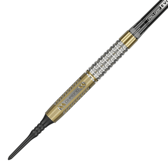 Der Target Raymond Van Barneveld Chrono 95 Softdart hat ein auffälliges silber-goldenes Design. Das Barrel ist mit feinen Gravuren und dem Schriftzug "CHRONO" versehen.