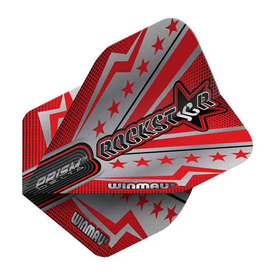 Das Bild zeigt ein Dartflight aus der Winmau Prism Delta Joe Cullen Rockstar Series No2 Standard Flights. Das Design ist in Rot, Silber und Schwarz gehalten und zeigt Sterne sowie das Wort "Rockstar" in großer Schrift.