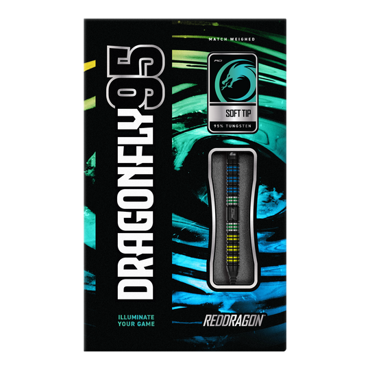Die Verpackung zeigt die Red Dragon Dragonfly 95 Black Parallel Softdarts mit einem Gewicht von 20g. Die Darts bestehen aus 95% Wolfram und haben eine bunte, moderne Optik.