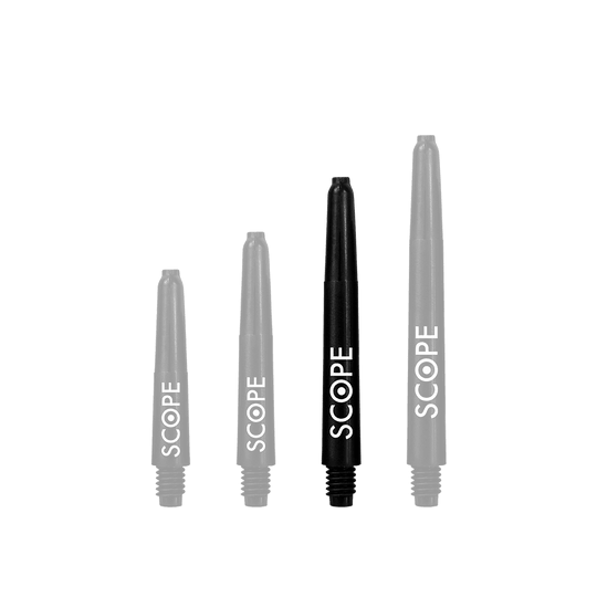 Das Bild zeigt vier schwarze McDart Scope Nylon Shafts in verschiedenen Längen. Auf jedem Shaft steht das Wort "SCOPE" in weißen Buchstaben.