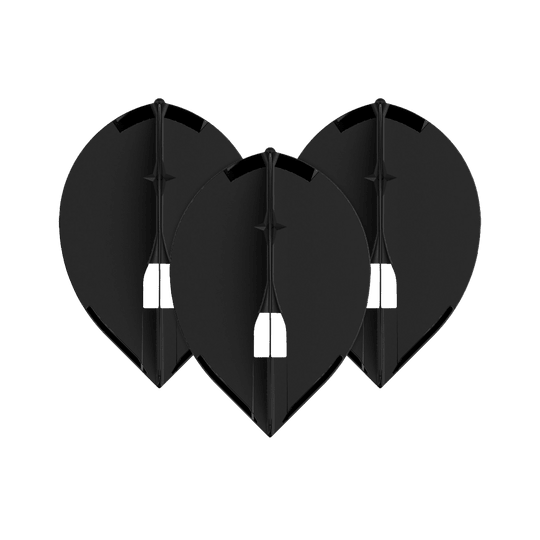 Letky L-Style Champagne L2PRO Teardrop - černé Das Bild zeigt drei schwarze L-Style Champagne L2PRO Teardrop Flights. Sie sind in einer gleichmäßigen Anordnung nebeneinander platziert.