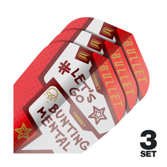 Letky Target Pro Ultra Stephen Bunting Mental No6 - 3 sady Das Bild zeigt drei Sets der Target Pro Ultra Stephen Bunting Mental No6 Flights für Dartpfeile. Die Flights sind rot und weiß gestaltet und tragen die Aufschrift "#LET'S GO BUNTING MENTAL".