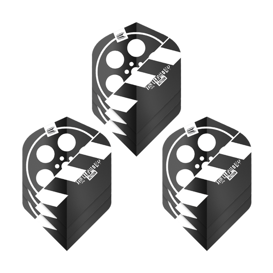 Target Pro Ultra Chris Dobey Hollywood Action No2 Standardní letky - 3 sady Das Bild zeigt drei Sets von Dart-Flights mit einem Filmklappen-Design in Schwarz und Weiß. Die Flights tragen den Namen "Target Pro Ultra Chris Dobey Hollywood Action No2 Standard Flights".