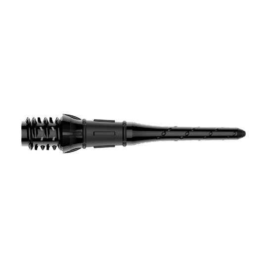 Premium Lippoints (30er Pack) - Spitzen Auf dem Bild ist eine schwarze Dartspitze zu sehen. Sie hat ein schlankes Design mit kleinen Einkerbungen und Details entlang der Spitze.