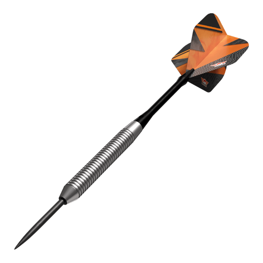Šipky Bulls NL Lightning Orange Steel Darts Das Bild zeigt einen Bulls NL Lightning Orange Steeldart. Der Dart hat einen silbernen, gerillten Schaft und orangene Flights mit schwarzen Akzenten.