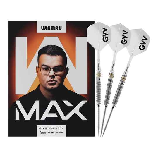 Šipky Winmau Gian Van Veen W-MAX Switch Point ocelové Das Bild zeigt Winmau Gian Van Veen W-MAX Switch Point Steeldarts in voller Länge. Alle Details des Darts sind sichtbar.