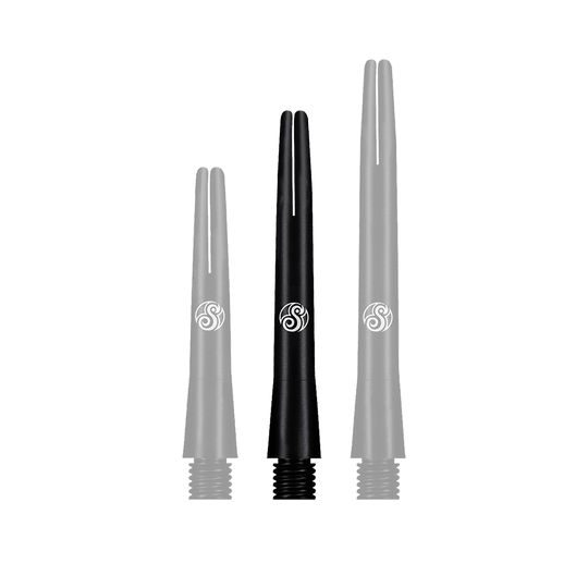 SM3809-I_Shot_Aluminium_Shafts_Black_41mm_1f0IRg7wKElYCn Das Bild zeigt drei schwarze Aluminiumschäfte für Dartpfeile in unterschiedlichen Längen. Auf jedem Schaft ist ein weißes Logo zu sehen.