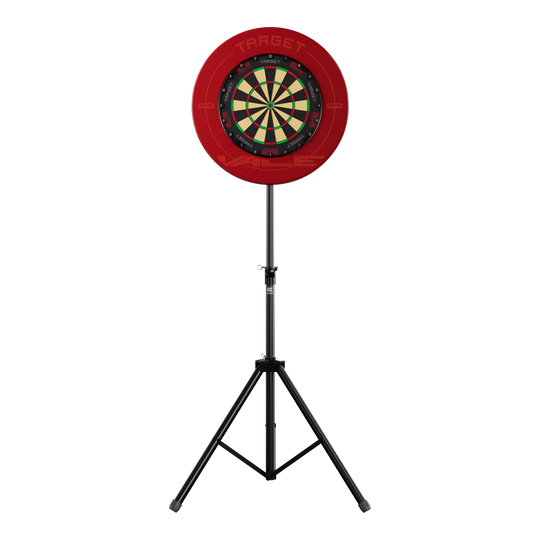 Stojan na terč Target Das Bild zeigt einen Dartboard-Ständer mit einer roten Umrandung und einer klassischen Dartscheibe. Der Ständer steht stabil auf drei Beinen und trägt das Produkt "Target Dartboard Stand".