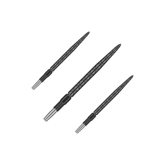 Zaměřte hroty šipek Swiss Diamond Pro Black Points Auf dem Bild sind drei schwarze Dartspitzen mit Diamantmuster zu sehen. Sie haben ein silberfarbenes Gewinde am Ende zum Befestigen an einem Dartpfeil.