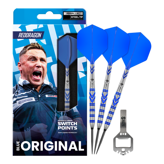 Ocelové šipky Red Dragon Gerwyn Price Blue Original Switch Point Das Bild zeigt die Red Dragon Gerwyn Price Blue Original Switch Point Steeldarts. Es handelt sich um hochwertige Steeldarts mit blauem Design.