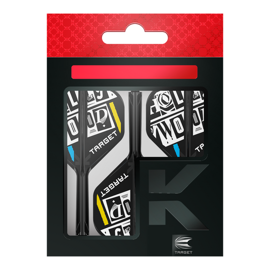 Systém standardní letové hřídele Target K-Flex Chris Dobey No2 Das Bild zeigt eine Packung der "Target K-Flex Chris Dobey No2 Standard Flights". Die Flights sind schwarz-weiß mit gelben und blauen Akzenten gestaltet und befinden sich in einer schwarzen Verpackung mit rotem Aufhänger.