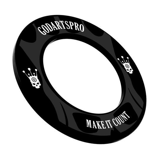 Obložení terče Go Darts Pro Abgebildet ist ein Dartboard Surround in Schwarz. Das Bild zeigt das Produkt aus einer bestimmten Perspektive.