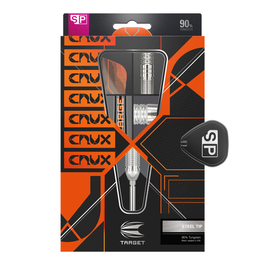 Die Verpackung zeigt ein Set von TARGET Steeldarts mit 90% Tungsten. Das Design ist in Schwarz und Orange gehalten und hebt die Spitzen sowie das "SP" Logo hervor.