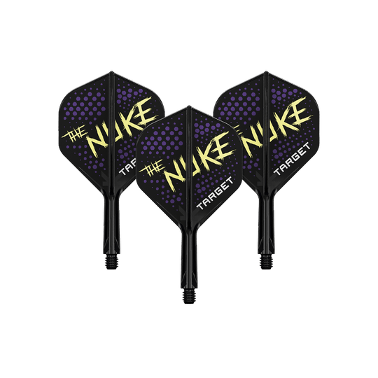 Standardní letový systém Target K-Flex Luke Littler Black No2 Auf dem Bild sind drei Dart-Flights in Schwarz mit lilafarbenen Punkten und gelber Aufschrift "The Nuke" zu sehen. Unten steht der Schriftzug "Target" auf jedem Flight.
