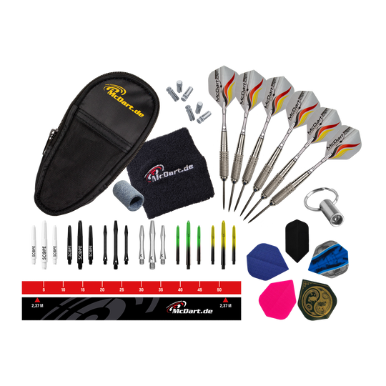 McDart Starter Pack Steel Dart Das Bild zeigt das McDart Starterpack. Es handelt sich um ein Starterset für Dartspieler.