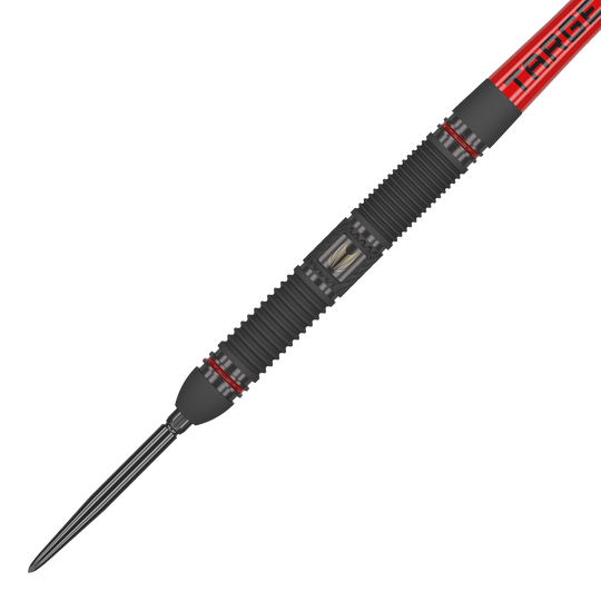 Ocelové šipky Target Scope 01 Swiss Point Das Bild zeigt einen Steeldart namens "Target Scope 01 Swiss Point". Der Dart hat ein schwarzes, geriffeltes Griffstück mit roten Akzenten und einer silbernen Spitze.